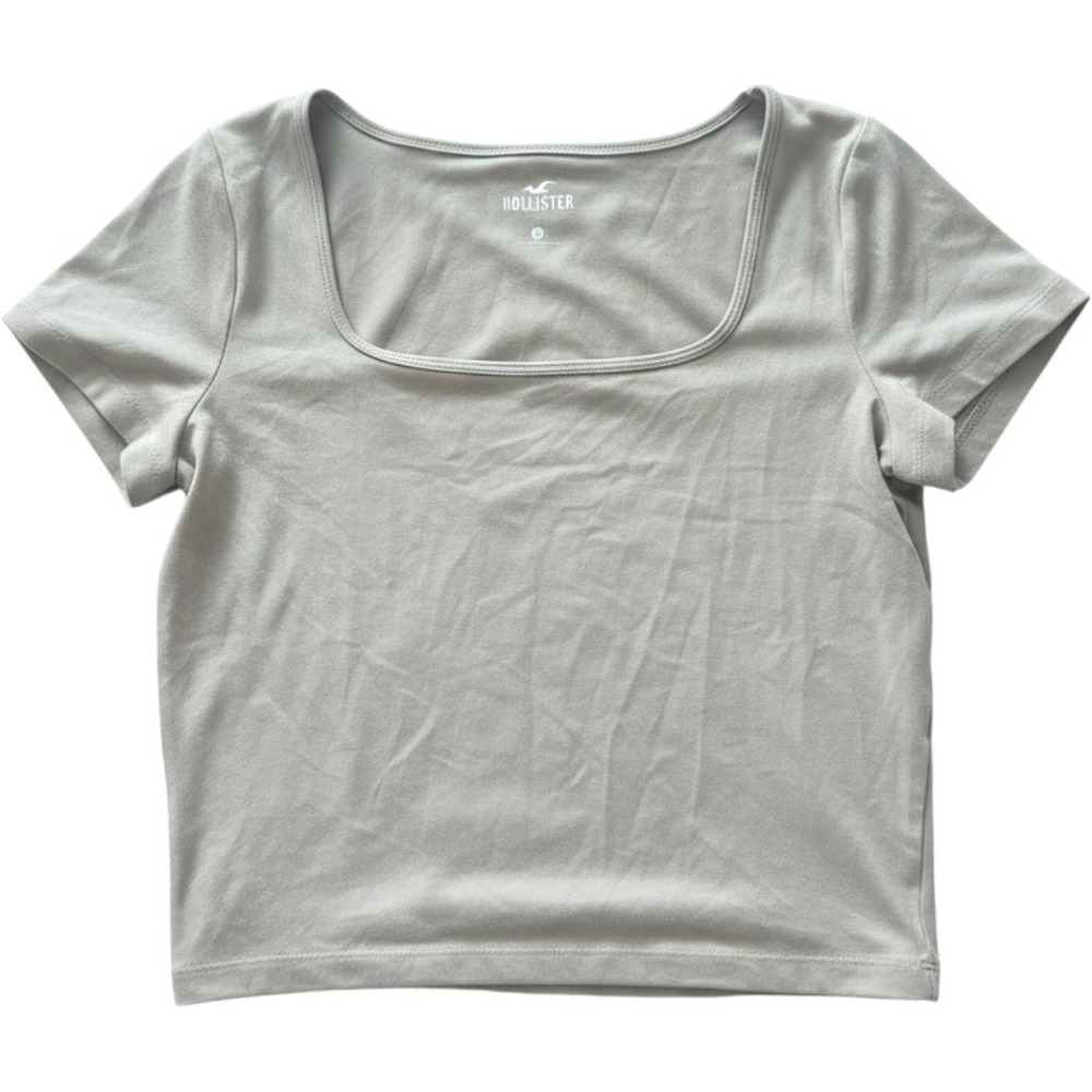 Hollister Women Square Neck Short Sleeve Crop Top Taupe Tan 339L3666 Small